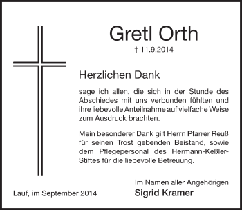 Traueranzeige von Gretl Orth von Pegnitz-Zeitung